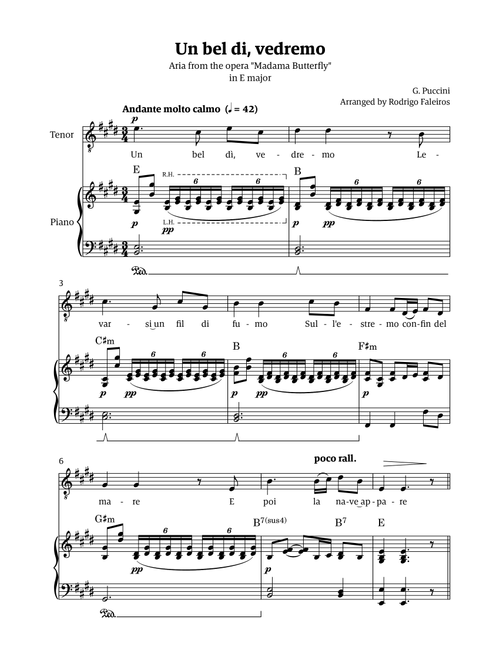 Un Bel Di Vedremo (from Madama Butterfly) - for Tenor - in E major (Arr. Rodrigo Faleiros) - Puccini, Giacomo Puccini (Piano Vocal)