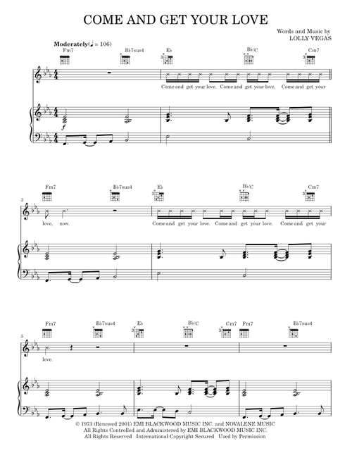 Come And Get Your Love - Real McCoy, Redbone (Piano-Vocal-Guitar)