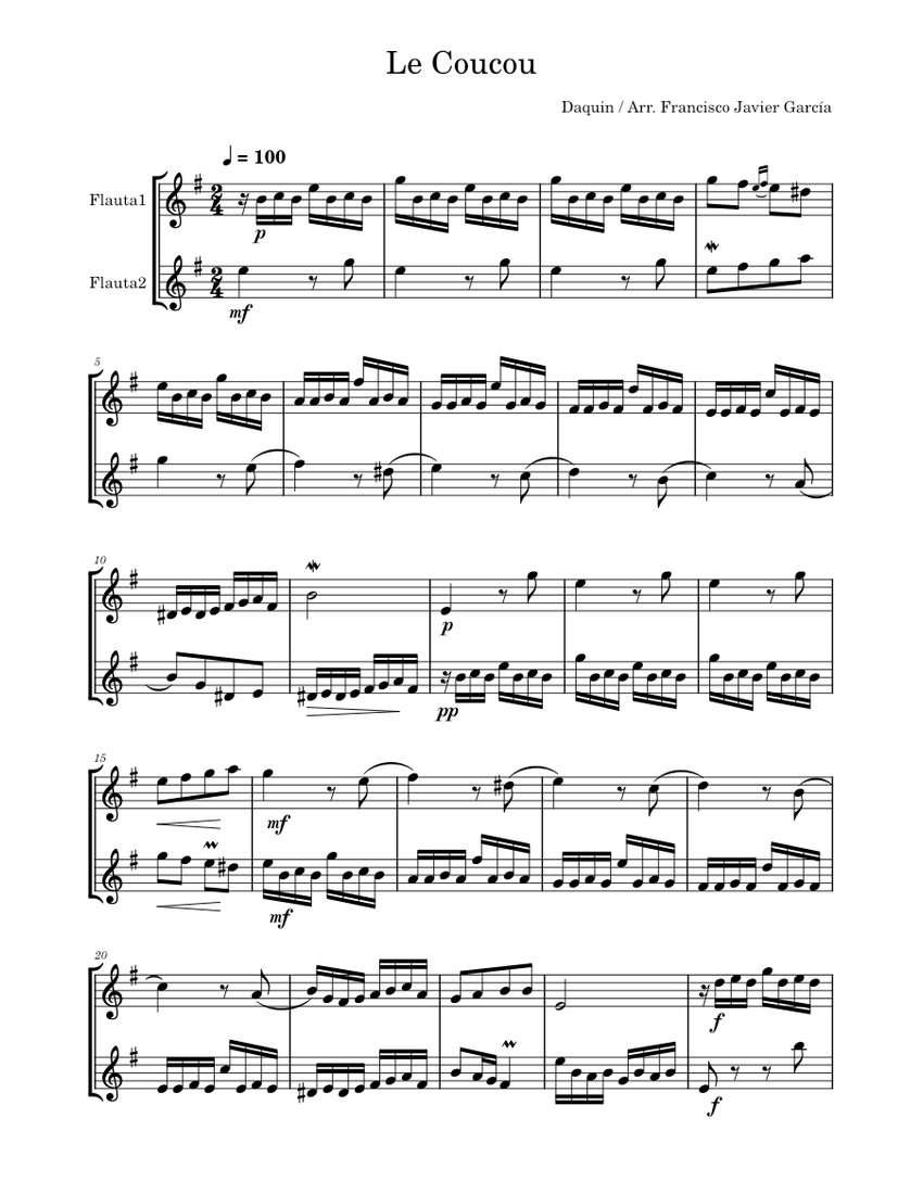 Le coucou – Louis-Claude Daquin Le Coucou (two flutes) Sheet