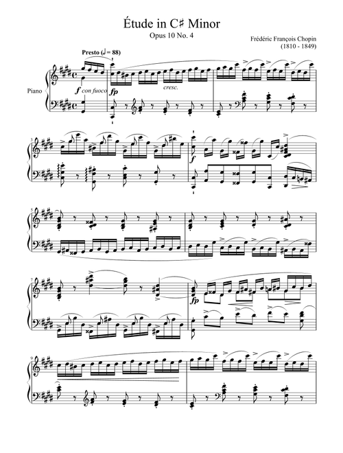 Etude Opus 10 No. 4 in C# Minor (Arr. Zachary Corbett) - Frederic Chopin (Piano Solo)