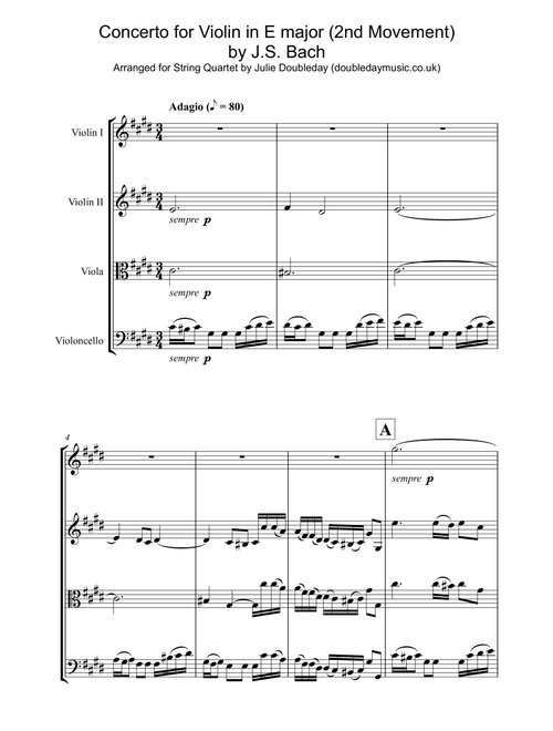 Bach: Concerto for Violin in E major Mov 2 for String Quartet - Score and Parts (Arr. Julie Doubleday) - J.S.BACH (String Quartet)