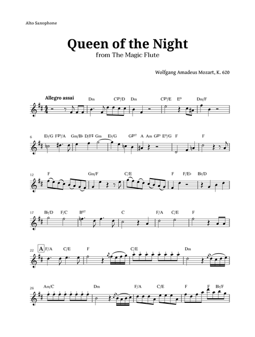 Queen of the Night by Mozart for Alto Sax with Chords (Arr. Langanho) (Alto Sax Solo)
