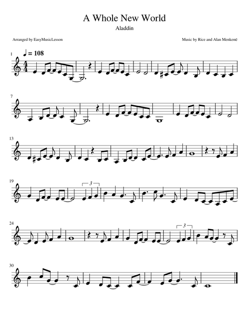 A Whole New World (from Aladdin) – for Clarinet