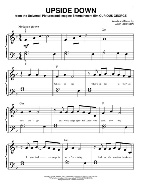 Upside Down - Jack Johnson, Curious George (Movie) (Big Note Piano)