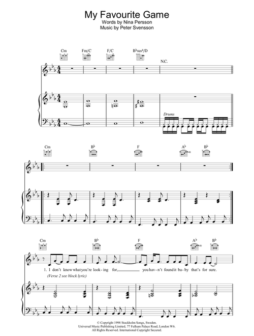 My Favourite Game - The Cardigans (Piano-Vocal-Guitar (Piano Accompaniment))