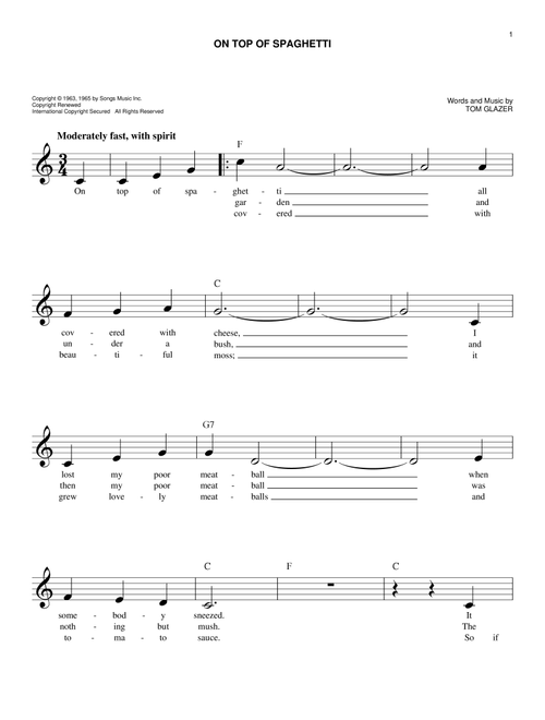 On Top Of Spaghetti - Tom Glazer (Easy Lead Sheet - Fake Book)