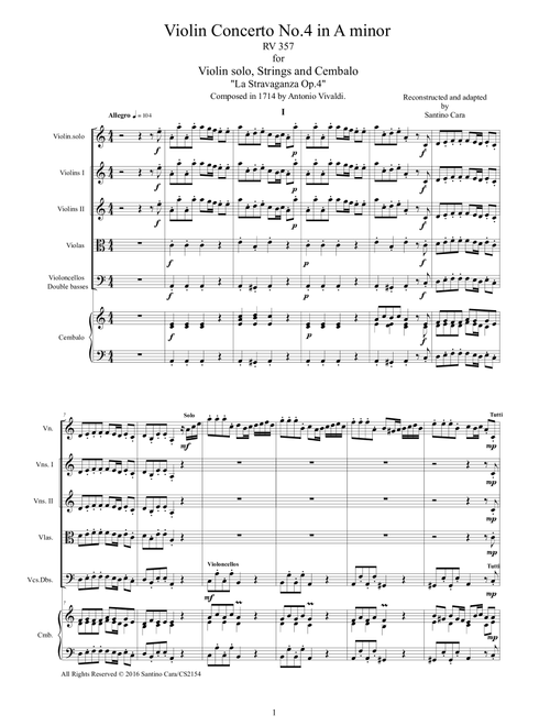 Vivaldi - Violin Concerto No.4 in A minor Op.4 RV 357 for Violin solo, Strings and Cembalo (Arr. Santino Cara) - Vivaldi Antonio (Chamber Orchestra)