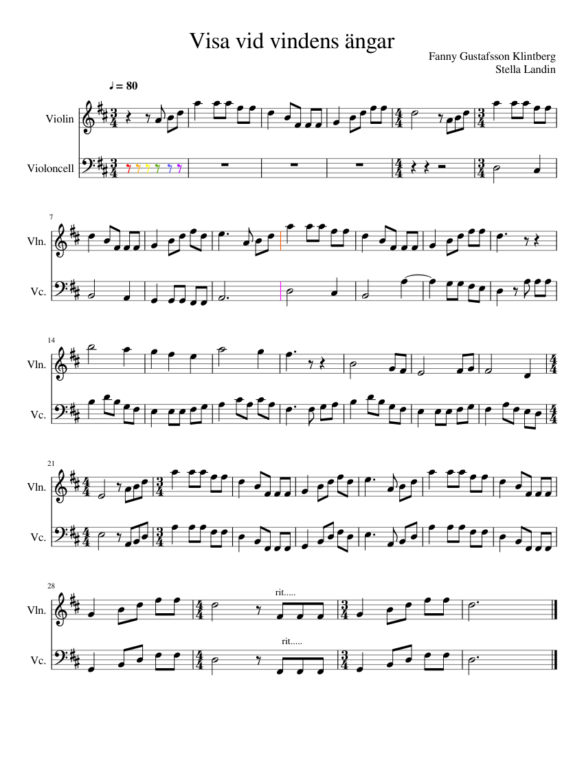 Visa vid vindens ängar Sheet music for Violin, Cello (String Duet