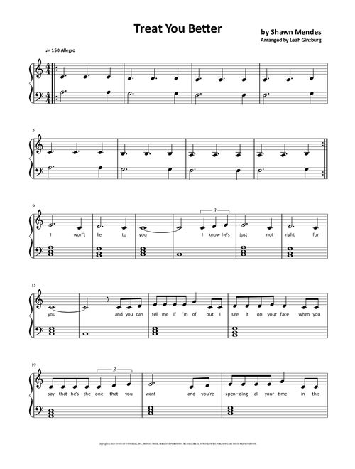 Treat You Better (Arr. Leah Ginzburg) - Shawn Mendes (Piano-Vocal-Guitar (Piano Accompaniment))