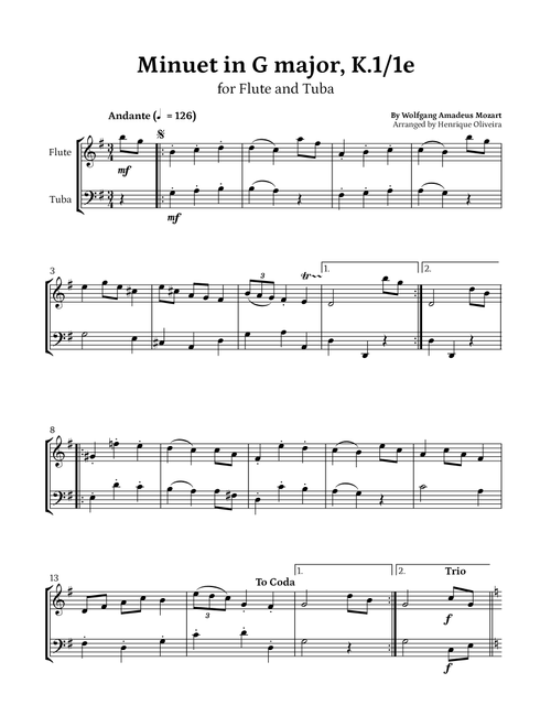 Minuet in G major, K.1/1e (Flute and Tuba) - W. A. Mozart (Arr. Henrique Oliveira) - Wolfgang Amadeus Mozart (Instrumental Duet)
