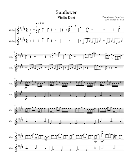 Sunflower – Post Malone Sunflower By Post Malone, Swae Lee Violin Duet Arrangment AP Music Theory