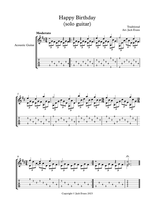 Happy Birthday - solo guitar (Arr. Jack Evans) - Traditional (Guitar Tab)