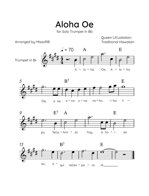 Aloha Oe - Solo Trumpet in Bb in D Major Easy With Lyrics & Chords (Arr. MissoRB) - Queen Liliʻuokalani (Trumpet Solo)