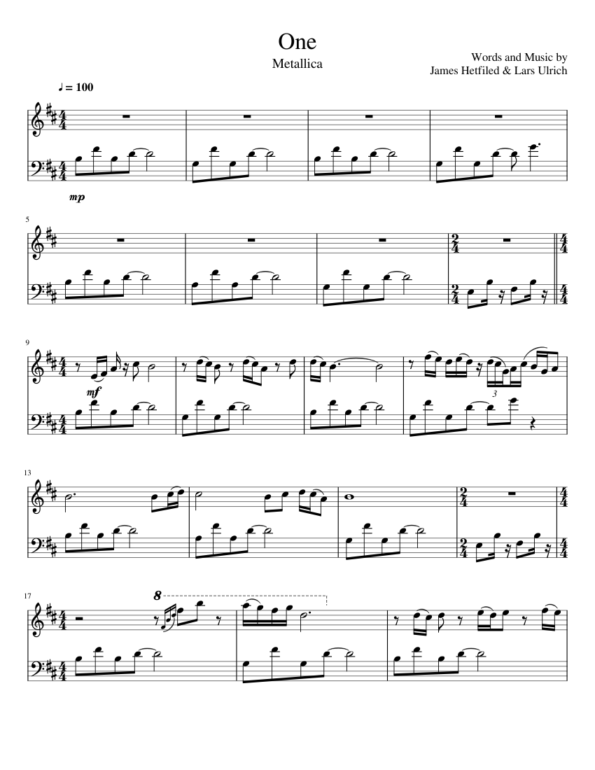 Metallica One Sheet music for Piano Solo Musescore