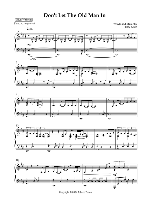 Don't Let The Old Man In (Arr. Ellen Wakelin) - Toby Keith (Piano Solo)