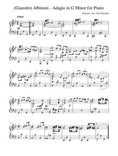 (Giazotto) "Albinoni - Adagio in G Minor" for Piano Solo