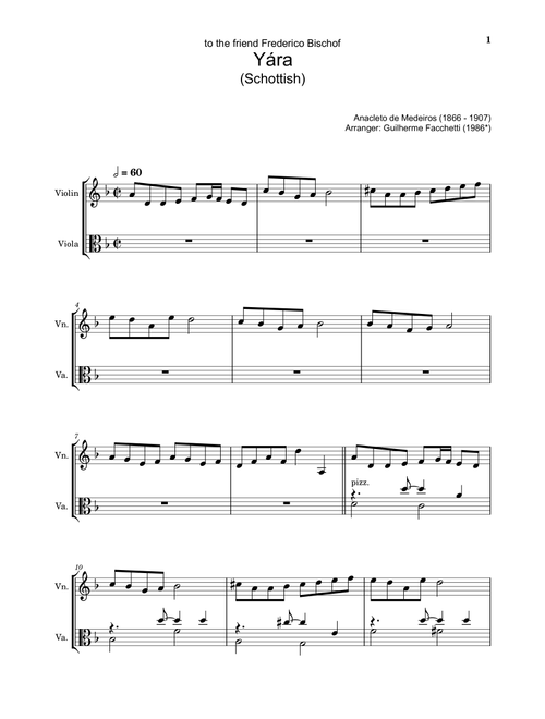 Anacleto de Medeiros - Yára. Arrangement for Violin and Viola. Complete Score and Separated Parts (Arr. Guilherme Facchetti) (Instrumental Duet)