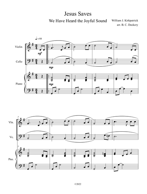 Jesus Saves (We Have Heard the Joyful Sound) Violin and Cello Duet with Piano (Arr. B. C. Dockery) - William J Kirkpatrick (String Ensemble)