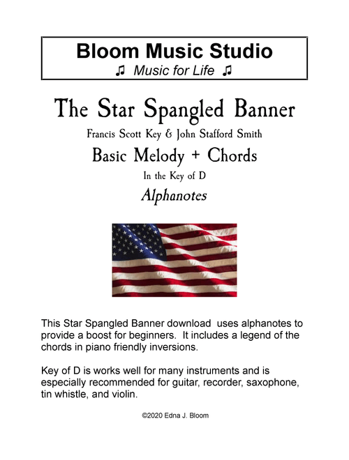 The Star Spangled Banner Key of D Alphanote Lead Sheet (Arr. Edna J. Bloom) - Francis Scott Key and John Stafford Smith (Large Ensemble)