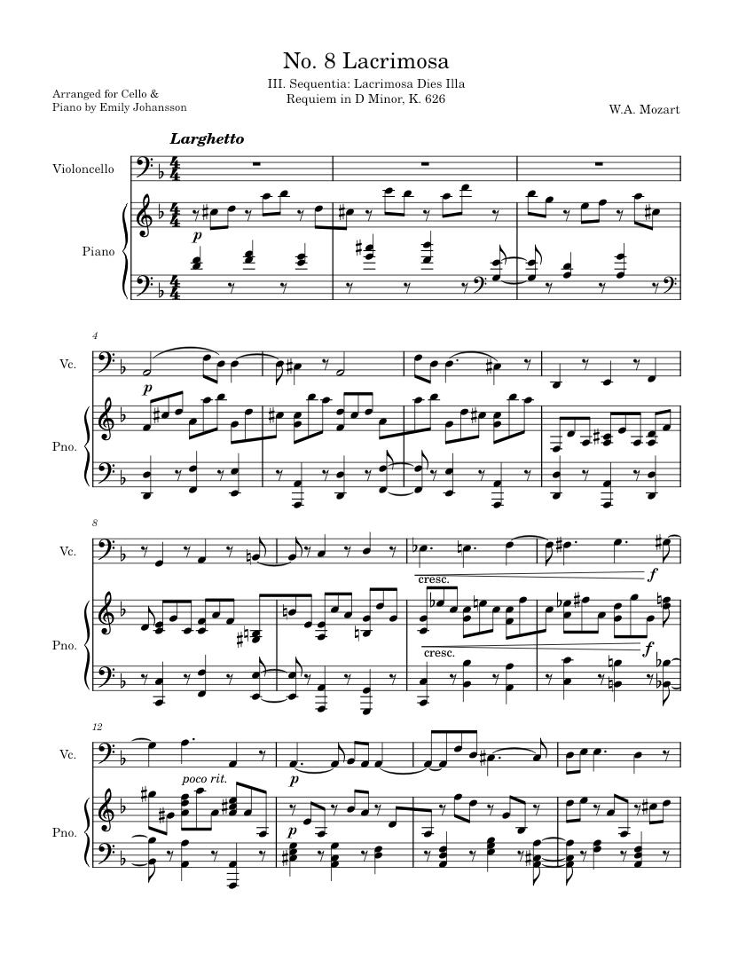 Lacrimosa - W.A. Mozart Sheet Music for Piano, Cello (Mixed Duet ...
