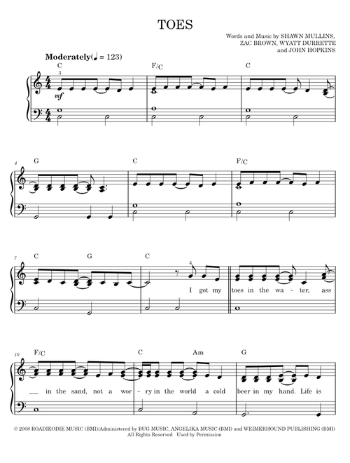 Toes - Zac Brown Band (Easy Piano)
