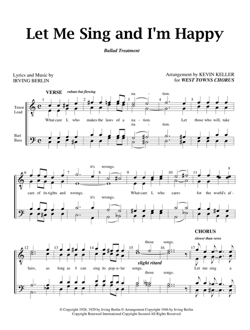 Let Me Sing And I'm Happy (Arr. Kevin Keller) - Irving Berlin (Choral, TTBB)
