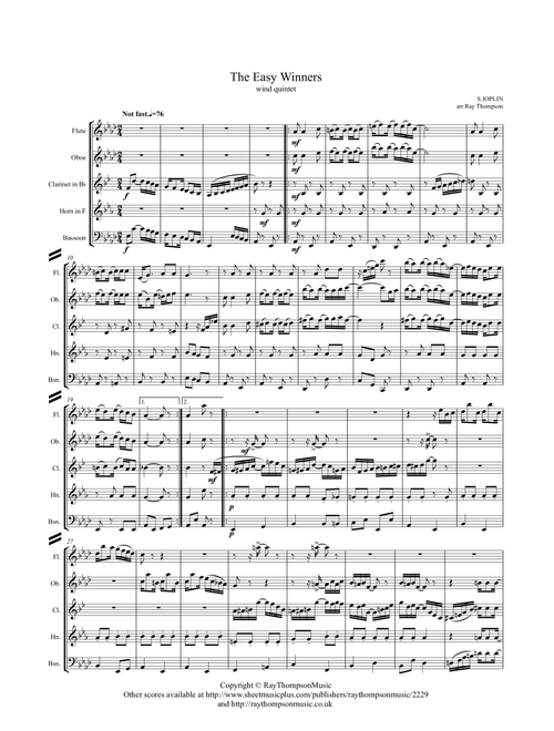 Scott Joplin: The Easy Winners (Rag) - wind quintet (Arr. Ray Thompson) (Woodwind Ensemble)