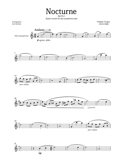 "Nocturne" (Chopin) - Beautiful EASY version for ALTO SAXOPHONE SOLO. (Arr. Iury Cardoso) - Frédéric Chopin (Alto Sax Solo)