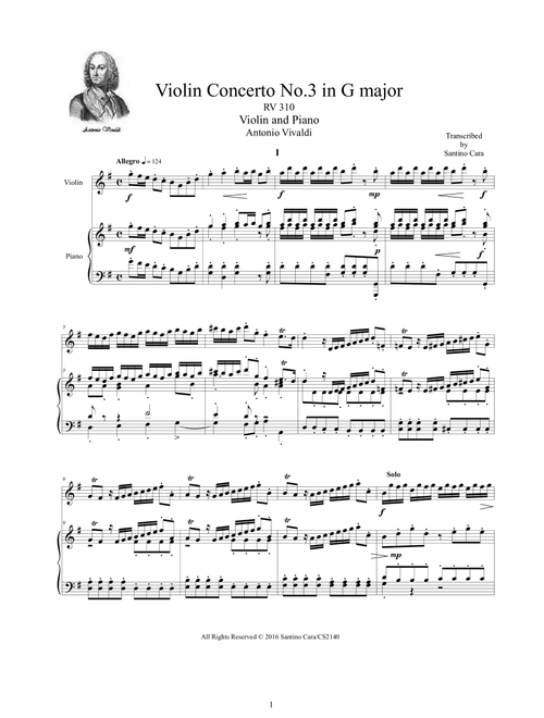 Vivaldi - Violin Concerto in G major RV 310 Op.3 No.3 for Violin and Piano (Arr. Santino Cara) (Violin and Piano)