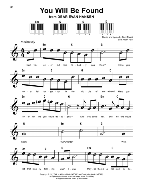 You Will Be Found (from Dear Evan Hansen) - Pasek & Paul, Benj Pasek, Justin Paul (Super Easy Piano)