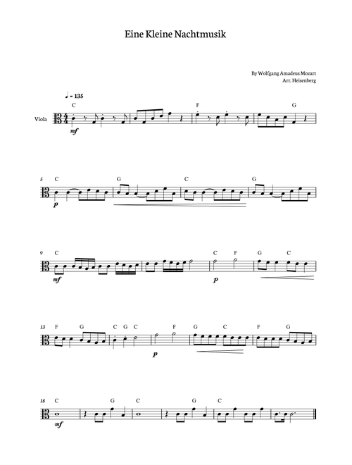 Eine Kleine Nachtmusik for viola solo with chords. (Arr. Heisenberg) - W A Mozart (Viola Solo)