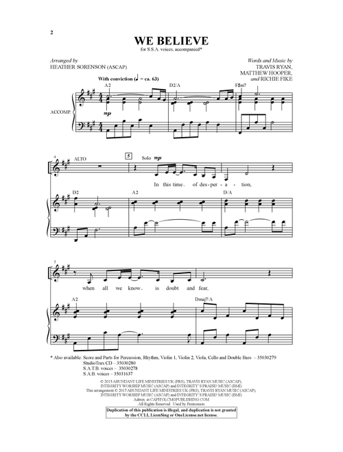 We Believe (arr. Heather Sorenson) - Newsboys (Choral, SSA)