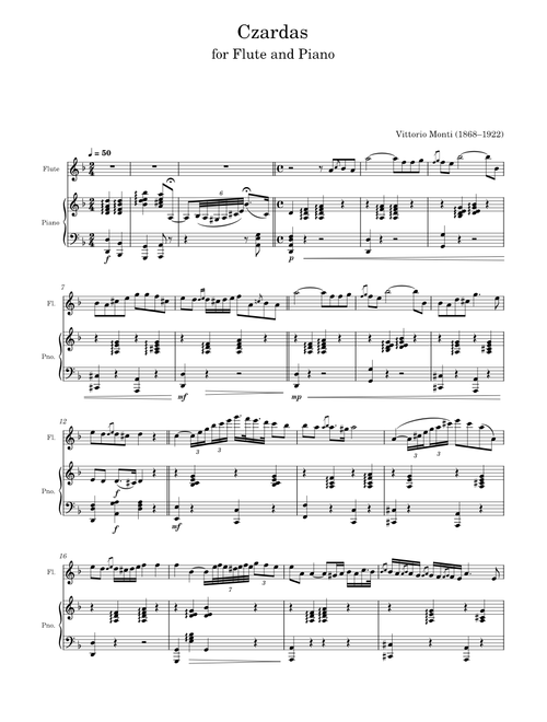 Monti - Czardas, for Flute and Piano