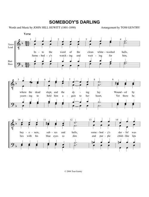Somebody's Darling - TTBB (Arr. Tom Gentry) - John Hill Hewitt (1801-1890) (Choral, TTBB)