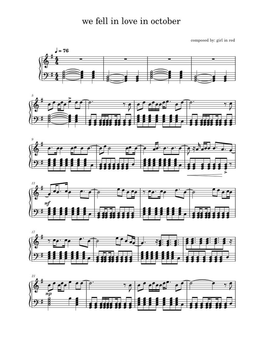We fell in love in october – girl in red Sheet Music for Piano (Solo ...