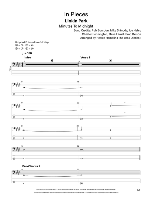 In Pieces (Arr. The Bass Diaries) - Linkin Park (Bass Tab)