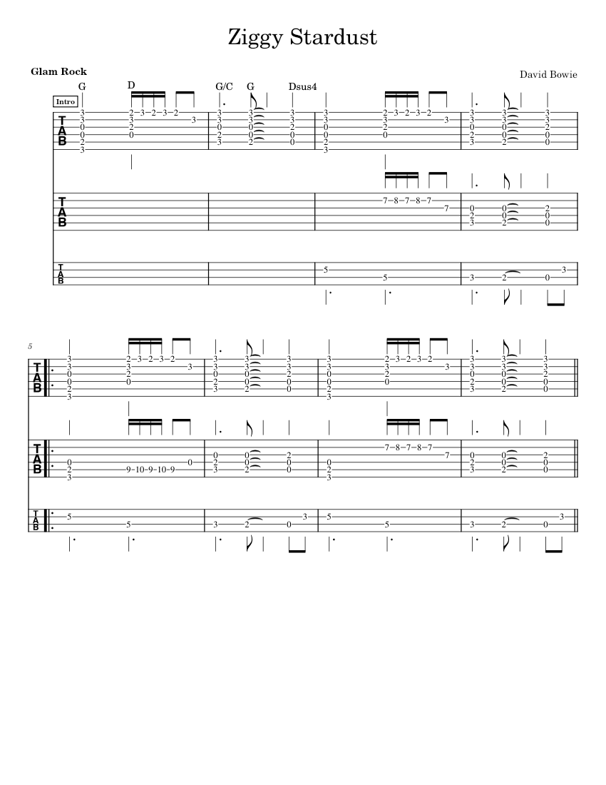 Ziggy Stardust – David Bowie Sheet Music for Guitar, Bass