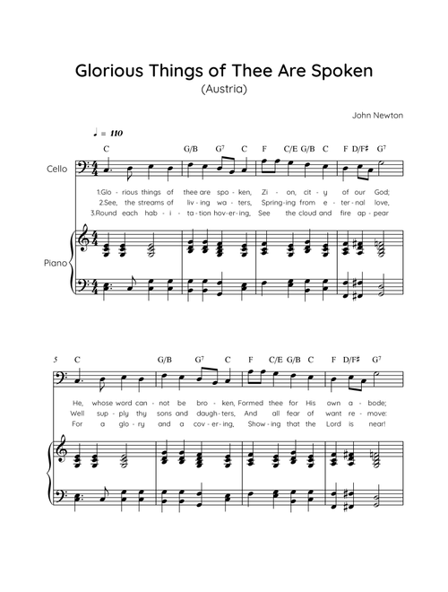 Glorious Things of Thee Are Spoken (Austria) - Cello with Piano in C Easy with Chords and Lyrics (Arr. MissoRB) - John Newton (Cello and Piano)