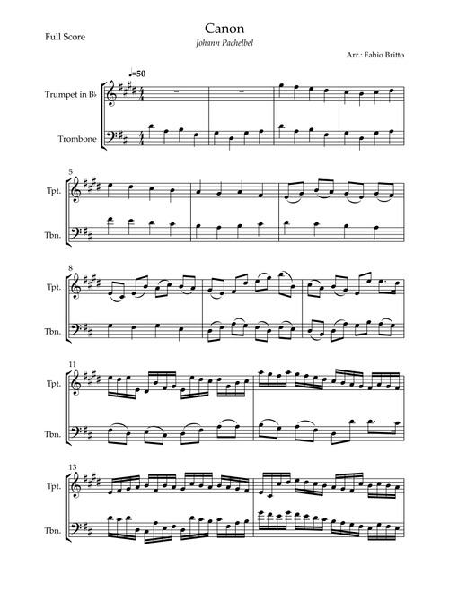 Canon - Johann Pachelbel (Wedding/Reduced Version) for Trumpet in Bb & Trombone Duo (Arr. Fabio Britto) (Instrumental Duet)