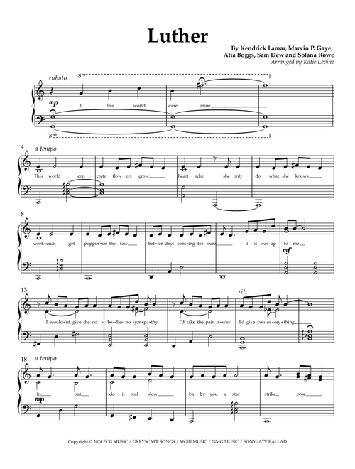 Luther (Arr. Katie Levine) - Kendrick Lamar (Easy Piano)
