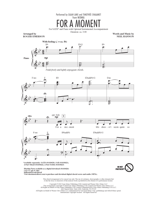 For A Moment (from Wonka) (arr. Roger Emerson) - Calah Lane & Timothée Chalamet (Choral, SATB)