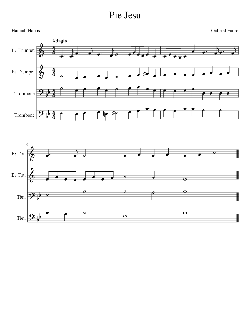 Pie Jesu Sheet music for Trombone, Trumpet in bflat (Mixed Quartet