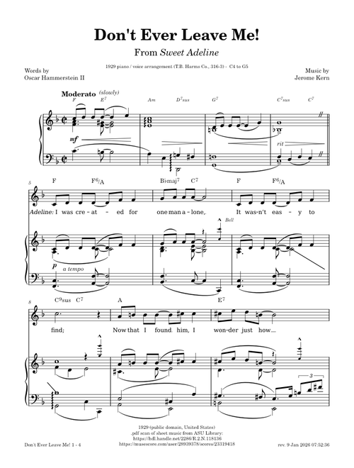Don't Ever Leave Me! - Jerome Kern, Oscar Hammerstein II [1929 piano / vocal arrangement]