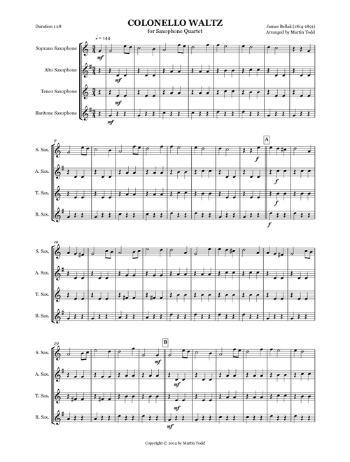 Colonello Waltz for Saxophone Quartet (Arr. Martin Todd) - James Bellak (Woodwind Ensemble)