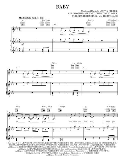 Baby (from The Sing-Off) - Justin Bieber (Piano-Vocal-Guitar)