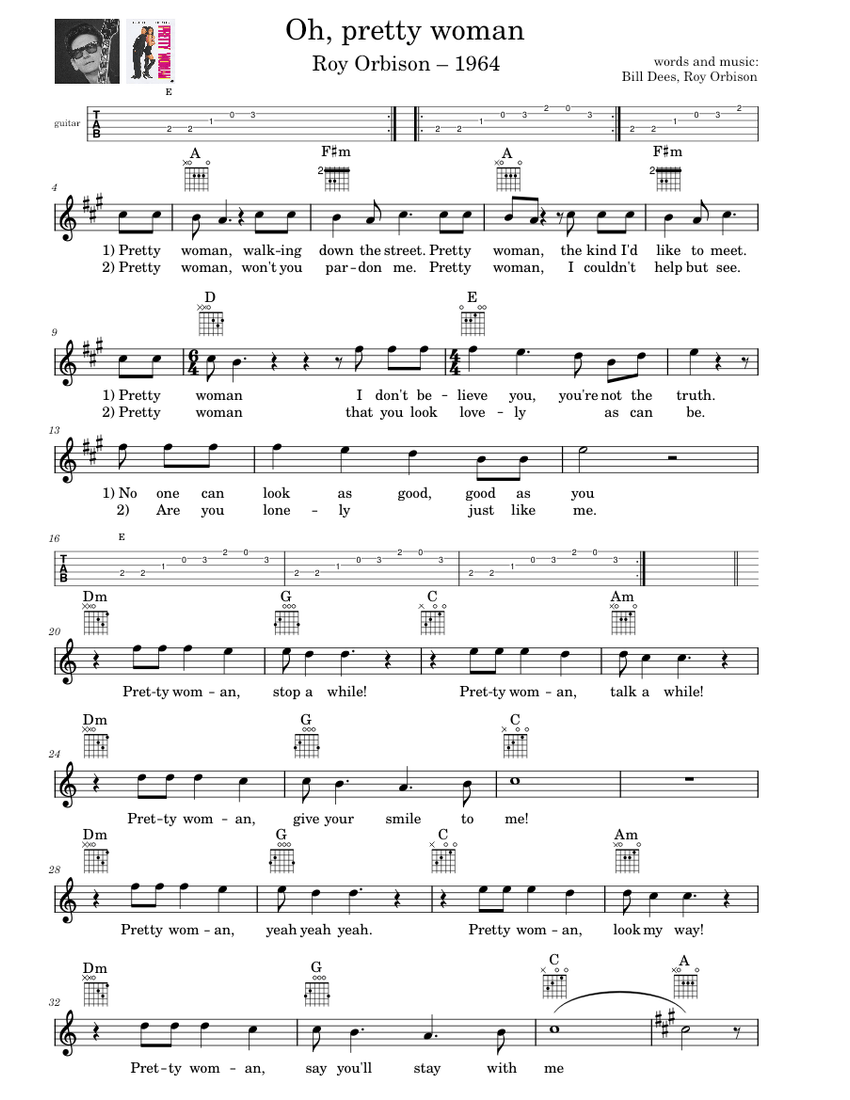 Pretty Woman Notes Oh pretty woman – Roy Orbison Sheet music for Vocals, Guitar (Mixed ...