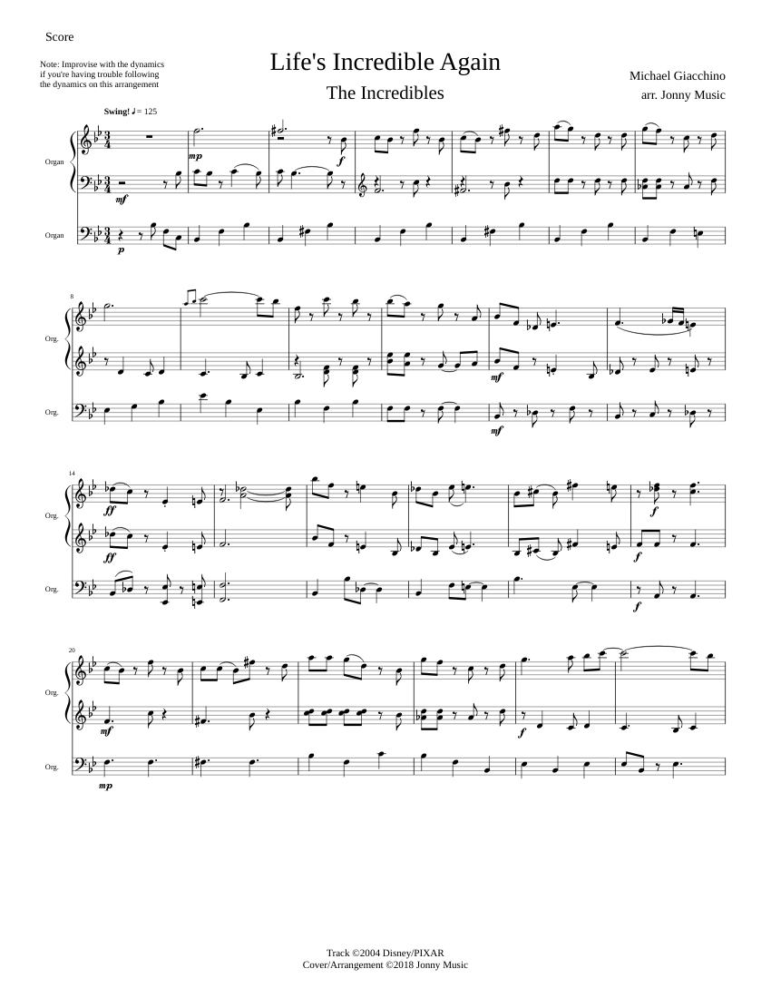 Life S Incredible Again The Incredibles Organ Cover Sheet Music For