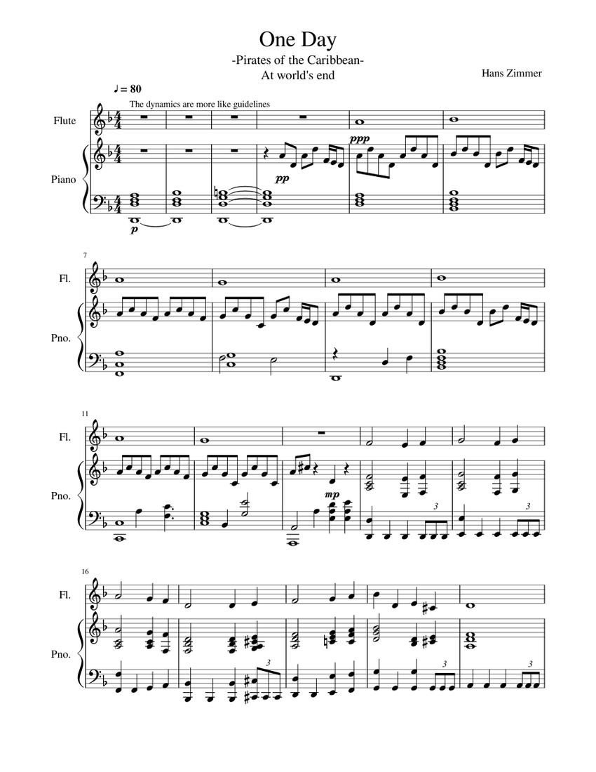 【吹奏楽譜】PIRATES OF THE CARIBBEAN One Day - Pirates of the Caribbean Sheet Music for Piano, Flute