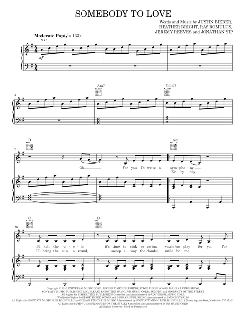 Somebody To Love - Glee TV Series, Glee Cast, Justin Bieber (Piano-Vocal-Guitar)