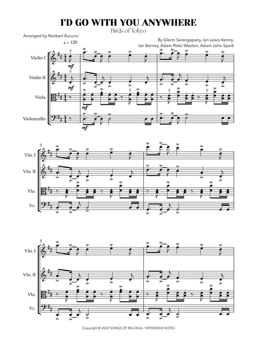 I'd Go With You Anywhere (Arr. Norbert Kurunci) - Birds Of Tokyo (String Quartet)